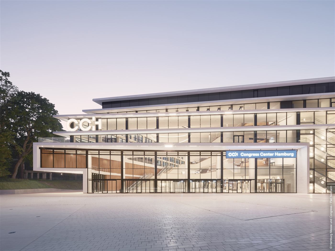 Congress Center Hamburg entrance and glass facade at dusk